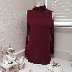 Cupio Tops - Burgundy open shoulder turtleneck Cupio Tops - Burgundy open shoulder turtleneck